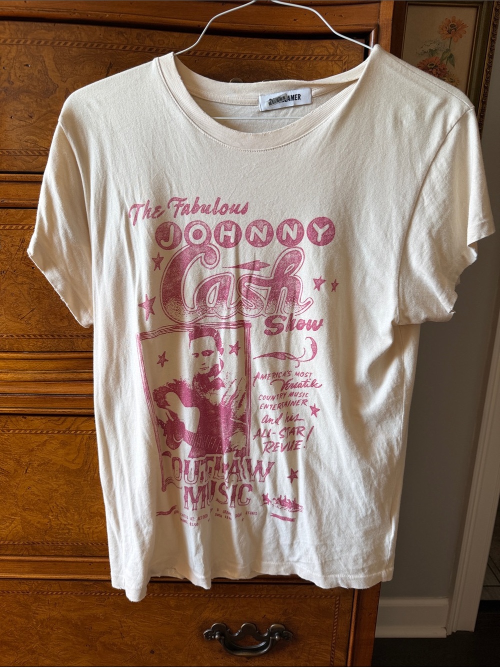Daydreamer Cream Short Sleeve Tee with Pink Johnny Cash Graphic